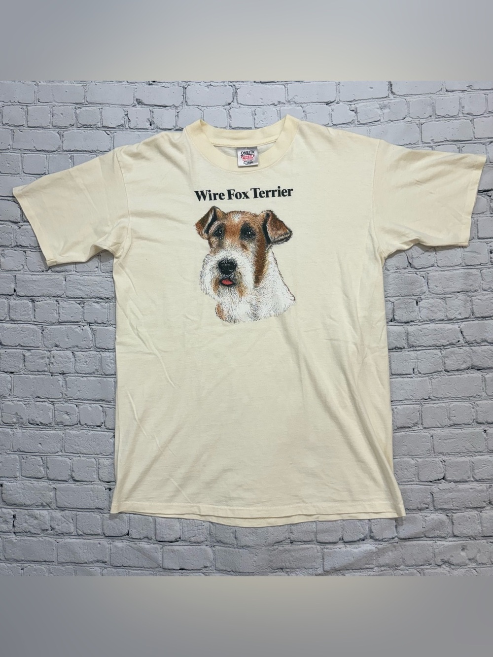 Vintage 90s Oneita Wire Fox Terrier Dog Portrait Shirt Adult XL USA Beige Cream